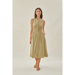 Buttoned-Down Shirred Midi Dress Henley Sleeveless Pockets Muted Moss S